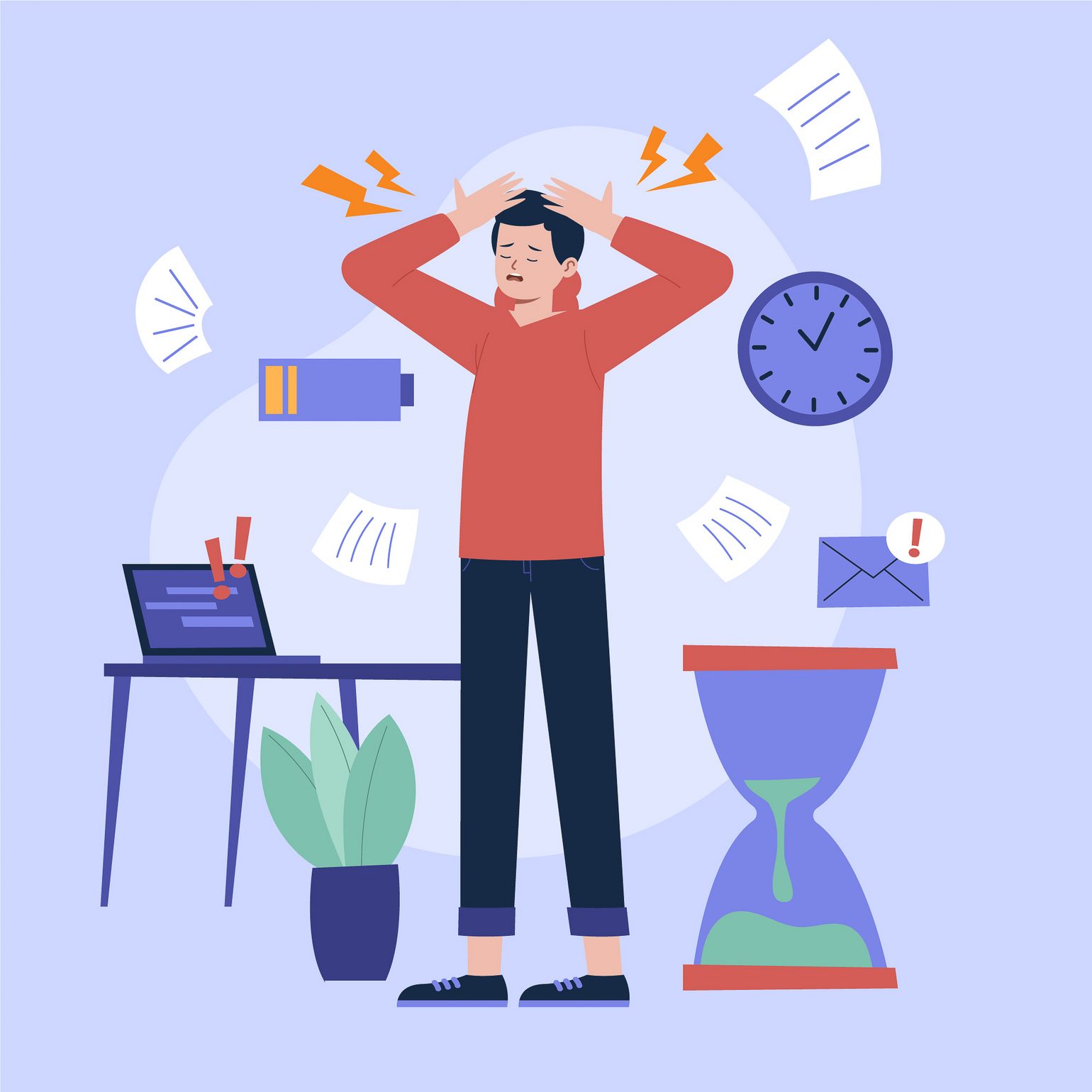 Eine gestresste Person hält sich den Kopf, umgeben von verstreuten Dokumenten, einer Uhr und einer Sanduhr, symbolisiert den Stress und den Zeitdruck bei der Bearbeitung eines Nachlassfalls nach einem Erbfall